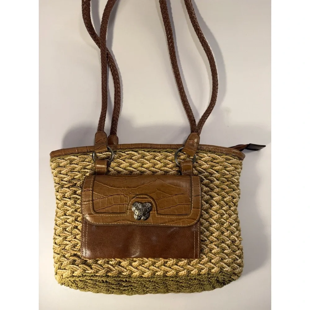 Maggie Barnes Weaved Straw with Faux Leather Croc Print Leather Shoulder Bag